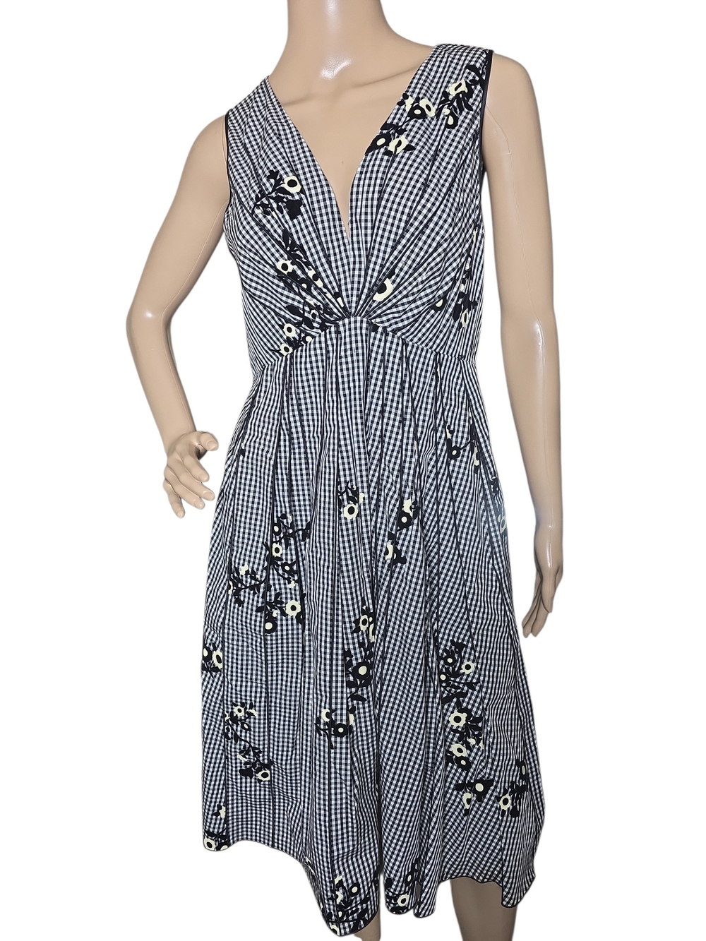 Marc Jacobs Floral Gingham Gathered V-Neck Dress Black White Size 6